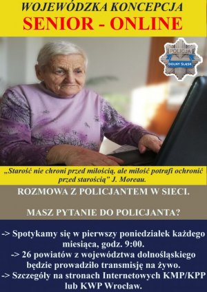 Na plakacie znajduje się zdjęcie, które przedstawia starszą kobietę rozmawiającą przez telefon
stacjonarny.